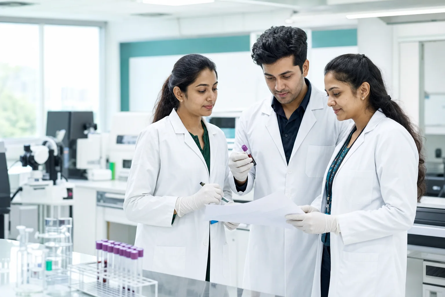 Nidan pathology laboratory team reviewing a sample